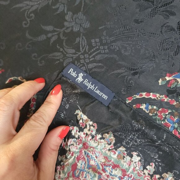 Vintage Ralph Lauren Silk Scarf 34 x 34 Square Jacquard Floral Paisley Black Red - Picture 4 of 7